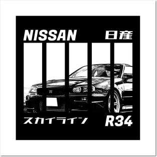 NISSAN SKYLINE GT-R R34 Black 'N White 3 (Black Version) Posters and Art